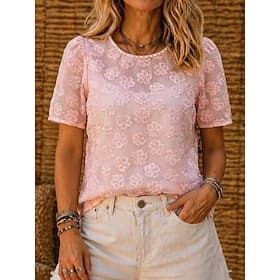 Femmes Hauts en dentelle Jacquard Perlé Maille Couleur Unie Élégant Manche Courte Col ras du cou Occasionnel Rose Claire Été Printemps