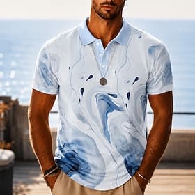 Homme Abstrait Marbre Polos Hawaïens Manche Courte Polos Revers Occasionnel Resort Athleisure Impression 3D Boutons Maille Respirante Printemps  Été Bleu Viole