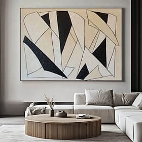 Peinture à l'huile abstraite en noir et blanc, peinte à la main, représentant une maison aux lignes neutres, idéale pour décorer un salon ou une chambre.
