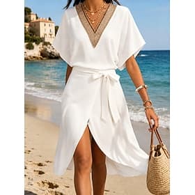 Women's Midi Dress White Lace Dress Elegant Vacation Fashion Daily Outdoor Beach Regular Fit Plain Short Sleeve V Neck White Summer