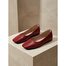 Women's Comfortable Red Croc Flat Shoes - Retro Square Toe Leather Loafers Dress Pumps for Office Work  Business Casual
