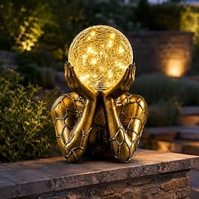 Statue solaire de jardin avec globe lumineux en verre craquelé, mains en résine tenant une boule, décoration extérieure, lampes solaires étanches pour jardin,