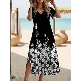 Femmes Robe Midi Robe trapèze Occasionnel Quotidien Fête Date Coupe régulière Fleuri Graphique Manche Courte Col en V Noir Été Printemps