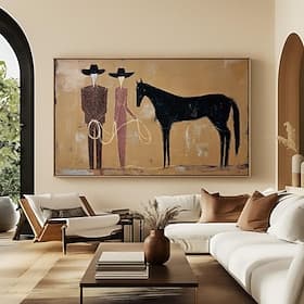 Peinture à l'huile artisanale sur toile, représentant une figure rétro et un cheval, idéale pour la décoration murale. Toile roulée, sans cadre ni châssis.