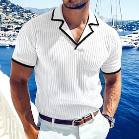 Homme Haut en Tricot Côtelé Polos de Golf Occasionnel Travail Col cubain Col Polo Côtelé Manche Courte Basique Moderne Bloc de Couleur Patchwork Bloc de Couleu
