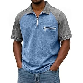Men's Polo Shirts 100% Cotton Acid Wash Shirt Casual Streetwear Lapel Quarter Zip Short Sleeve Fashion Basic Plain Color Block Distressed Spring  Summer Summer