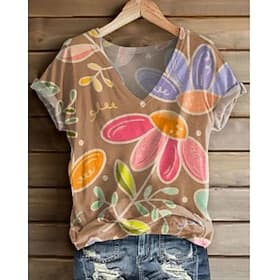 Women's T Shirt Print Floral Graphic Plants Basic Short Sleeve V Neck Regular Tops Casual Weekend Pink Red Rainbow Summer Spring Fall Winter
