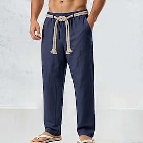 Men's Linen Pants Trousers Summer Pants Baggy Pants Drawstring Elastic Waist Plain Comfort Breathable Full Length Casual Daily Holiday Fashion Classic Style Bl