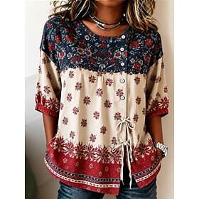 Women's Blouse Buttons Print Graphic Paisley Bohemia Vacation Vintage 3/4 Length Sleeve Crew Neck Regular Tops Casual Red Green Summer Spring