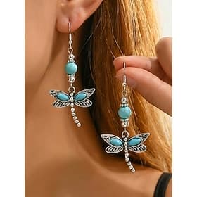 Women's Turquoise Dragonfly Butterfly Dangle Earrings Set Vintage Alloy Boho Drop Earrings Nature Inspired Jewelry for Summer Vacation Garden Party Festival Gi