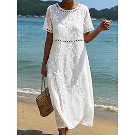 Women's Midi Dress Lace Dress White Dress Summer Dress Elegant Fashion Beach Vacation Holiday Regular Fit Floral Short Sleeve Crew Neck White Summer Spring