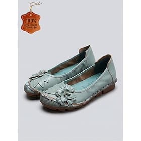 Women's Blue Premium Cowhide Leather Wide Fit Flats - Handcrafted Comfort Shoes with 3D Floral Applique and Stitched Trim, Vintage Slip-On Shoes for Casual Wea