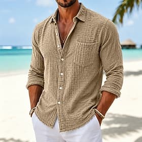 Men Shirt Linen Shirt Summer Shirt Beach Wear Plain Casual Daily Black Green Khaki Gray Long Sleeve Turndown Summer Clothing Apparel Pocket