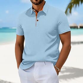 Homme Polo en seersucker Ice Silk Texturé Occasionnel Vacances Col Rabattu Manche Courte Mode Basique Uni Poids Léger Boutons Printemps  Été Noir Blanche bleu