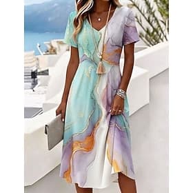 Femmes Robe Longueur Genou Robe T-Shirt Robe trapèze Vacances Occasionnel Boho Plage Coupe régulière A Ombre Graphique Manche Courte Col en V Rose Claire Viole