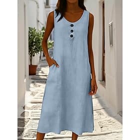 Women's Midi Dress Cotton Linen Dress Elegant Fashion Daily Outdoor Vacation Loose Fit Plain Sleeveless Crew Neck Blue White Yellow Pink Summer