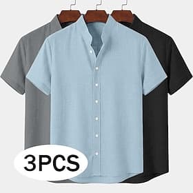 Men Shirt Linen Shirt Summer Shirt Band Collar Shirt Button Up Shirt Plain Casual Daily BlackWhiteGray BlackBlueGray WhiteGrayBlue OrangeGrayBlack Short Sleeve