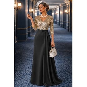 Ligne A Longueur au sol Robe de bal avec cape Robe de Soirée Élégant Scintillant Soyeux Manche 3/4 Col en V Mariage Formel Satin Pailleté avec Paillettes Plis