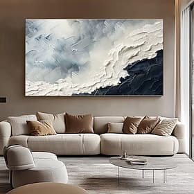 Peinture à l'huile abstraite en noir et blanc, peinte à la main, représentant une vague océanique. Art mural minimaliste grand format, style moderne, sur toile