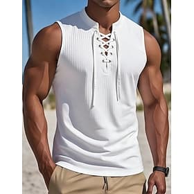 Men's Tank Top Vest Undershirt Sleeveless Shirt Sleeveless V Neck Summer Spring Plain Fashion Classic Comfortable Lace up Casual Street Sports Blue White Dark