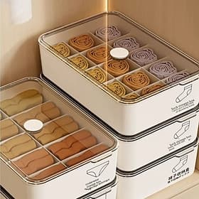 Organisateur de sous-vêtements à 10/15 compartiments avec couvercle, range-chaussettes et culottes empilable, boîte de rangement anti-poussière avec séparateur