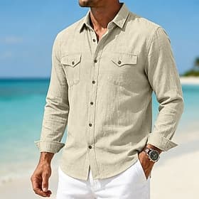 Men Shirt Linen Shirt Summer Shirt Beach Wear Button Up Shirt Plain Casual Daily Blue Pink Navy Blue Dark Blue Long Sleeve Collar Spring  Summer Summer Clothin