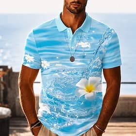 Homme Fleuri Eau courante Polos Hawaïens Manche Courte Polos Revers Occasionnel Resort Athleisure Impression 3D Boutons Maille Respirante Printemps  Été Bleu V