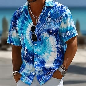 Homme Musique Notes Tie Dye Chemise Chemise d'été Chemise Boutonnée Manche Courte Vintage Rétro Extérieur Vacances à la Plage Été Printemps Col Rabattu Impress