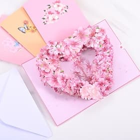 Carte pop-up 3D à motif de fleurs de cerisier en forme de cœur, idéale pour une épouse, une petite amie ou une maman. Carte artisanale avec enveloppe, parfaite