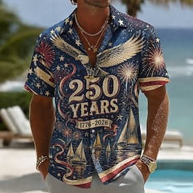 4th of July 2026 250th Men's American Flag Shirt Summer Shirt Button Up Shirt Short Sleeve Patriotic Outdoor Festival Summer Spring Turndown 3D Print Collared thumbnail 3