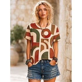 Femmes T-shirt Imprimé Graphique Mode Élégant Classique Manche Courte Col ras du cou Col rond Hauts Réguliers Occasionnel Quotidien Sports Blanche Noir Rouge É