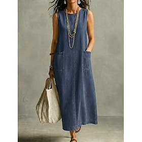 Women's Maxi Dress Tank Dress Elegant Vacation Fashion Daily Outdoor Vacation Loose Fit Plain Sleeveless U Neck Blue Navy Blue Summer