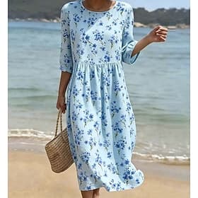Women's Midi Dress Shift Dress Sundress Vacation Casual Beach Going out Regular Fit Floral Graphic 3/4 Length Sleeve Crewneck Blue Purple Summer Spring