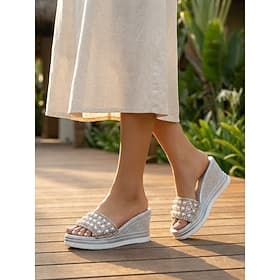 Femmes Vacances Station balnéaire en plein air Strass Perles Compensé Bout Rond Vacances Faux Cuir Mocassin Argent Rose Dorée