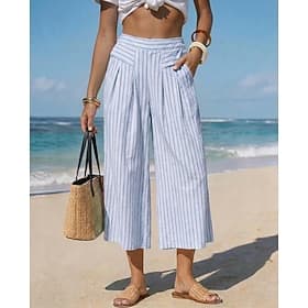 Women's Wide Leg Vacation Vintage Fashion Ankle-Length High Waist Striped Striped Comfortable Inelastic Vacation Formal Blue Amethyst Yellow Light Green Summer