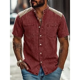 Hommes Chemise Chemise Décontractée Chemise Boutonnée Chemise 100% coton délavée à l'acide Noir Rouge bleu marine Vert Véronèse Manche Courte Uni Col grand-pèr