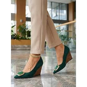 Women's Dark Green Suede Wedge Pumps - Casual Plain Almond Toe Low Slip-On Shoes for Tailored Blazers, Office Work