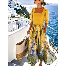 Women's Midi Dress A Line Dress Vacation Casual Boho Beach Holiday Regular Fit Floral Graphic Short Sleeve Crew Neck Blue Yellow Pink Light Purple Summer Sprin