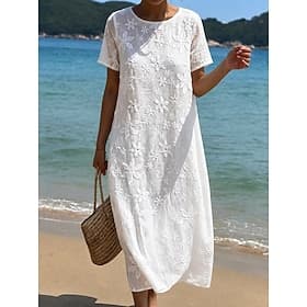 Per donna Abito Midi Abito in Pizzo Abito Bianco Abito Estivo Elegante Moda Spiaggia Vacanza Ferie Vestibilità comoda Floreale Mezza Manica Girocollo Bianco Es