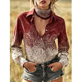 Femmes Chemise Chemisier Patchwork Boutons Imprimé Graphique Dégradé de couleur Bohème Vacances ancien manche longue Col de chemise Hauts Longs Occasionnel Quo