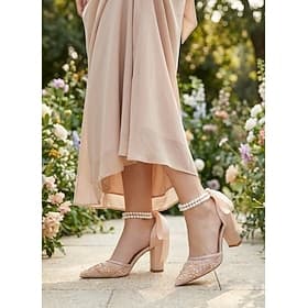 Women's Champagne Wedding Block Heels - Pearl Ankle Strap Mesh Bridesmaid Shoes with Bow for Garden Bridal Dress
