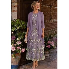 Deux Pièces Ligne A Longueur cheville Robe de Mère de Mariée  Manche 3/4 Col ras du cou Élégant Simple Luxueux Formel robe demoiselle d honneur Chiffon Dentell