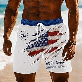 4th of July 2026 250th Men's American Flag Swim Trunks Bathing Suits Swim Shorts Board Shorts Mid Waist Patriotic Daily Outdoor Festival Side Pockets Mesh Lini thumbnail 2
