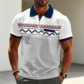 Men's Geometic Polo Shirts Short Sleeve Polo Shirts Collared Shirts Business Casual Outdoor Athleisure Holiday Pocket 3D Print Quarter Zip Polo Spring  Summer
