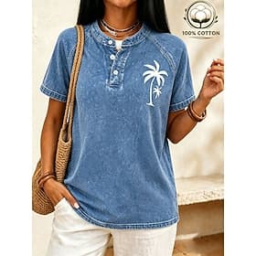 T-shirt Henley vintage pour femme Softfade™ 100 % coton - Hauts basiques à manches courtes, doux et lavés thumbnail 2