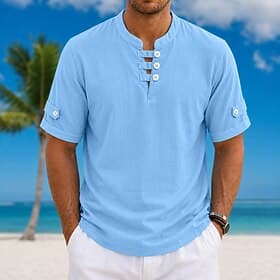 Homme 100% Coton Polo Occasionnel Vacances Sans Col Manche Courte Vacances Moderne Uni Poids Léger Boutons Été Printemps Bleu Blanche Jaune 100% Coton