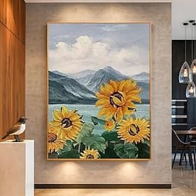 Toile murale artisanale avec tournesols d'été, affiche florale jaune et marron, décoration esthétique côtière pour salon et chambre