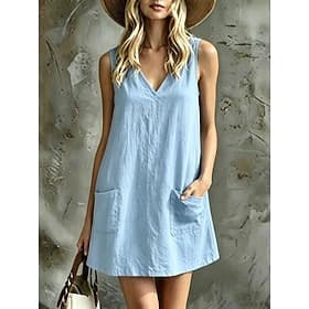Women's Knee Length Dress Shift Dress Casual Dress Vacation Casual Outdoor Beach Vacation Loose Fit Plain Sleeveless V Neck Light Blue Coral off white sunflowe