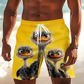 Men's Animal Ostriches Swim Trunks Bathing Suits Swim Shorts Board Shorts Mid Waist Funny Daily Outdoor Beach Vacation Wear Side Pockets Mesh Lining Elastic Dr