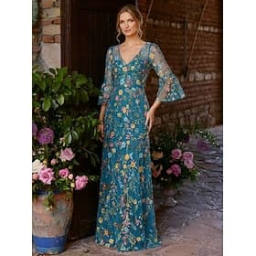 Fourreau Colonne Robe Longueur au sol Robe de Mère de Mariée  Manche 3/4 Col en V Élégant Occasionnel Mariage dans un jardin Formel robe demoiselle d honneur T